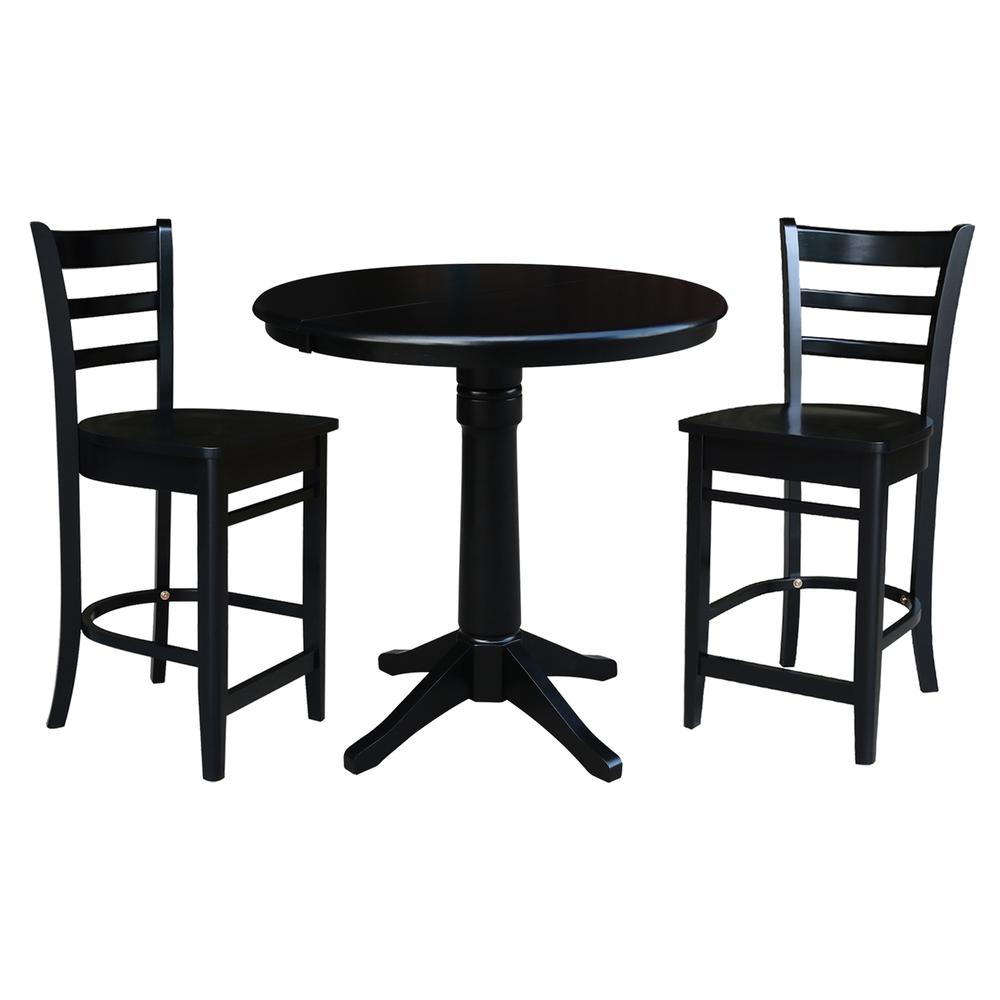 36" Round Counter Height Extension Dining Table with 12" Leaf and 2 Emily Counter Height Stools - 3 Piece Set, Black. Picture 2
