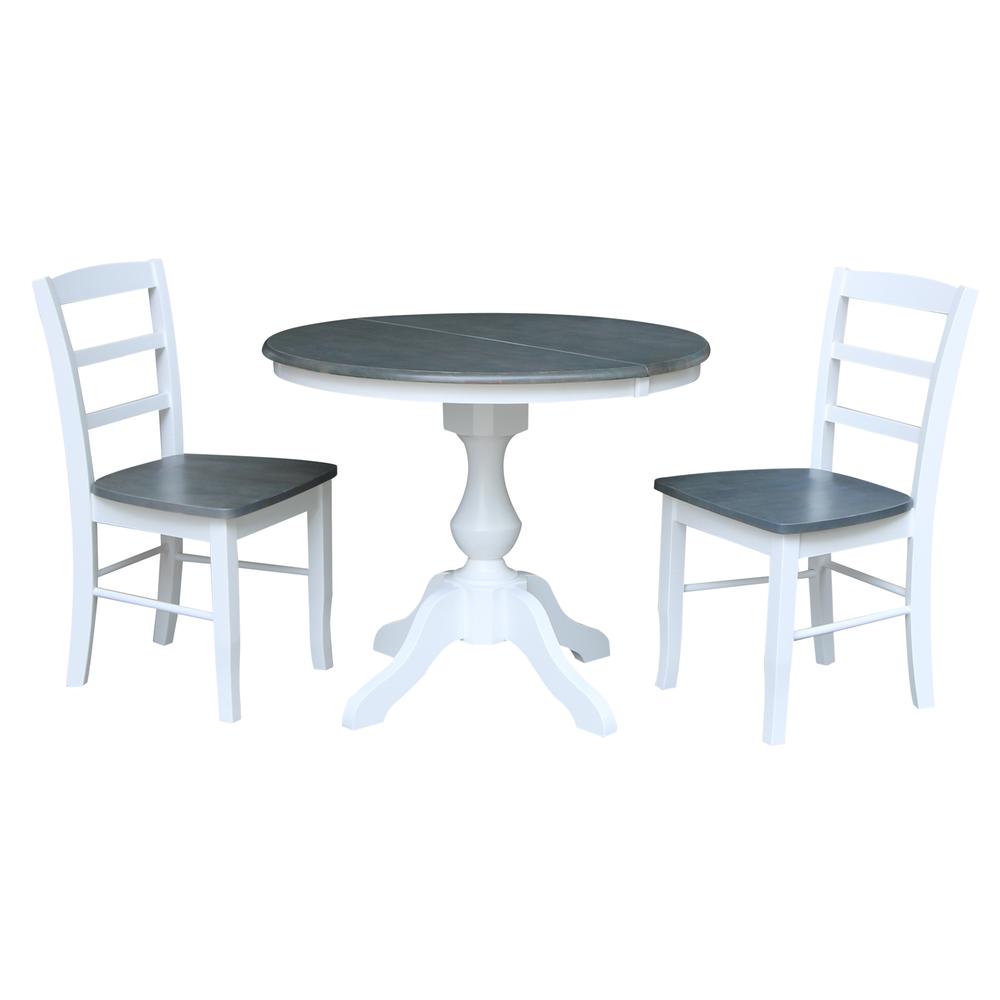 36" Round Extension Dining Table with 2 Madrid Ladderback Chairs - 3 Piece Dining Set, White Heather Gray. Picture 2