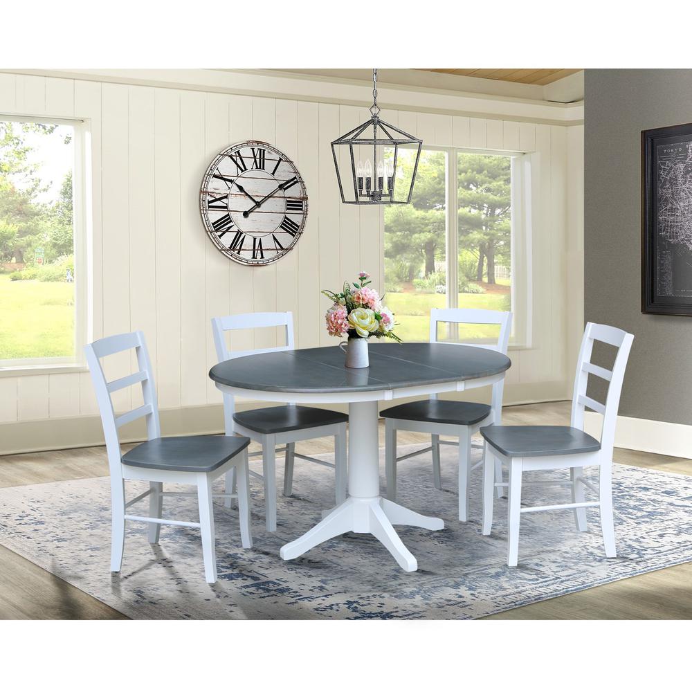 36" Round Extension Dining Table with 4 Madrid Ladderback Chairs - 5 Piece Dining Set, White and Heather Gray. Picture 1