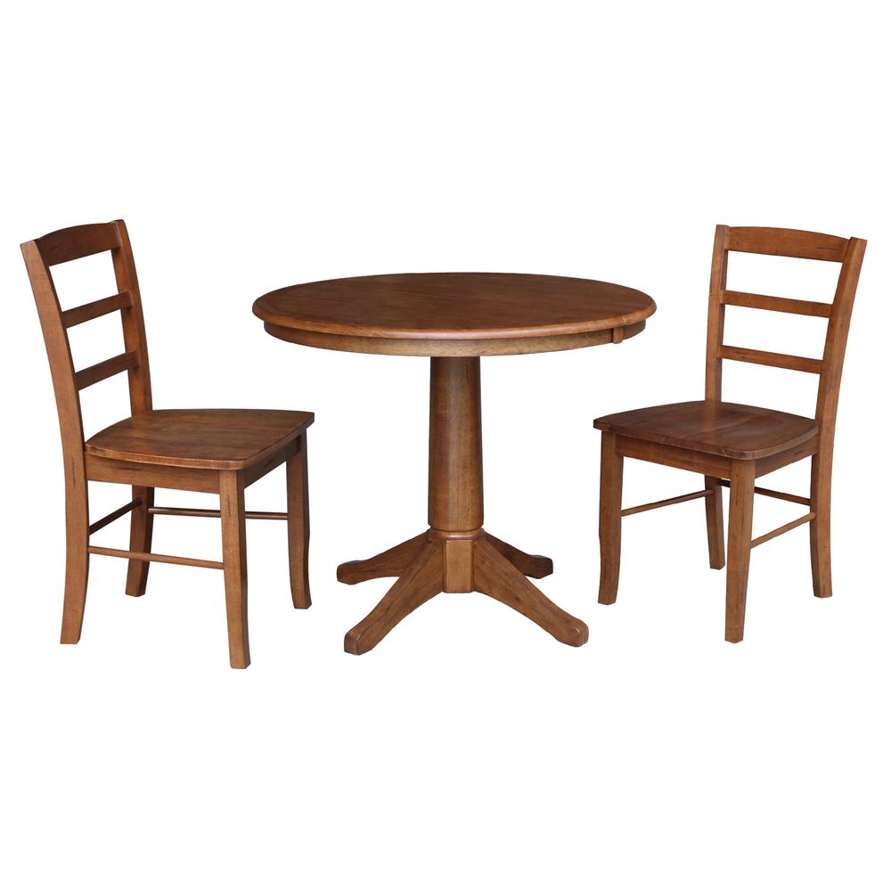 36" Round Extension Dining Table with Leaf and 2 Madrid Ladderback Chairs - 3 Piece Dining Set, Distressed Oak. Picture 2