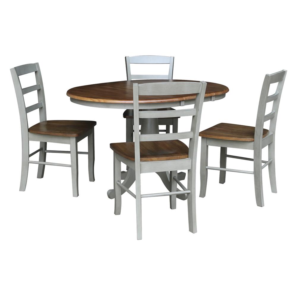 36" Round Extension Dining Table with 4 Madrid Ladderback Chairs - 5 Piece Dining Set, Distressed Hickory/Stone. Picture 2