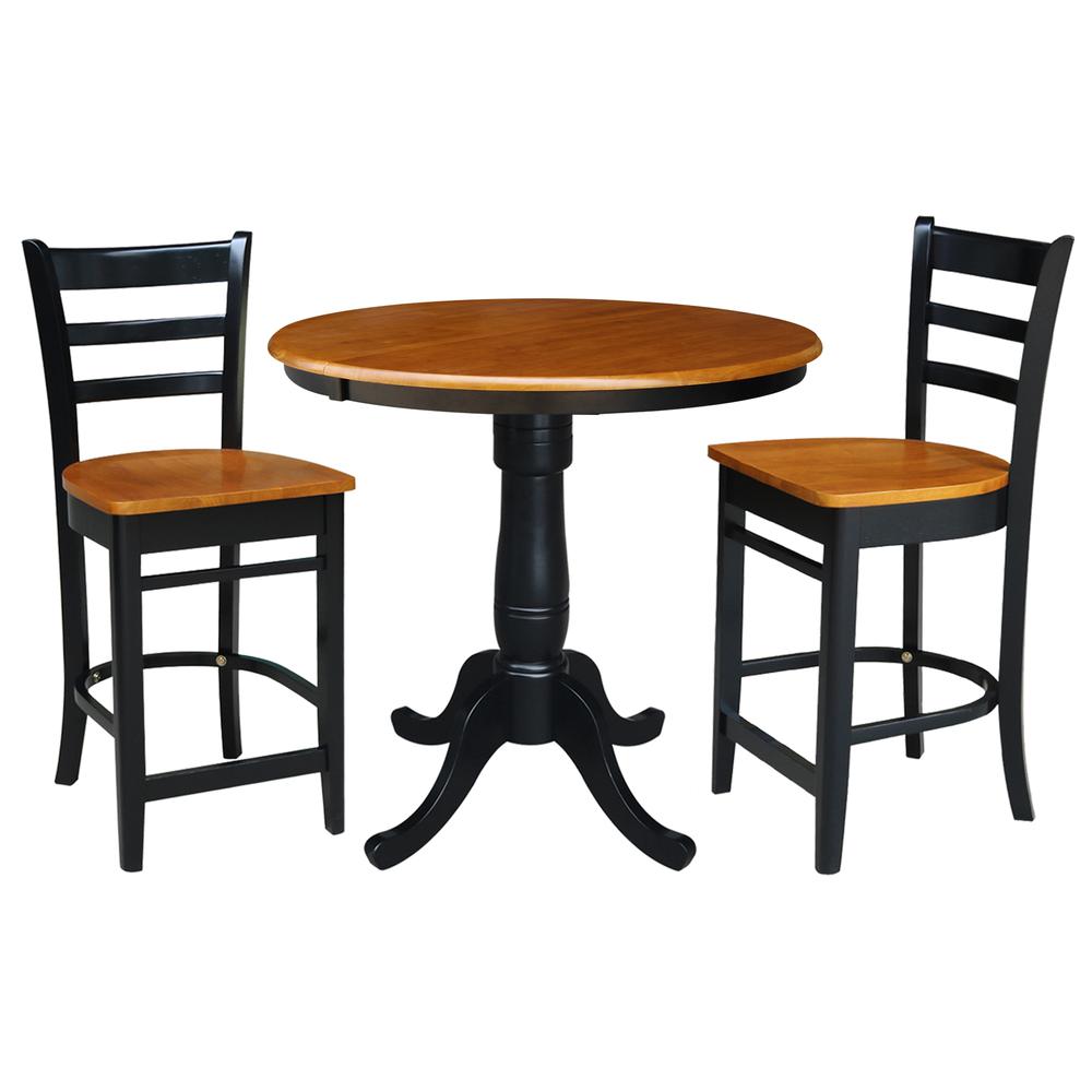 36" Round Counter Height Extension Dining Table with 12" Leaf and 2 Emily Counter Height Stools - 3 Piece Set, Cherry/Black. Picture 2