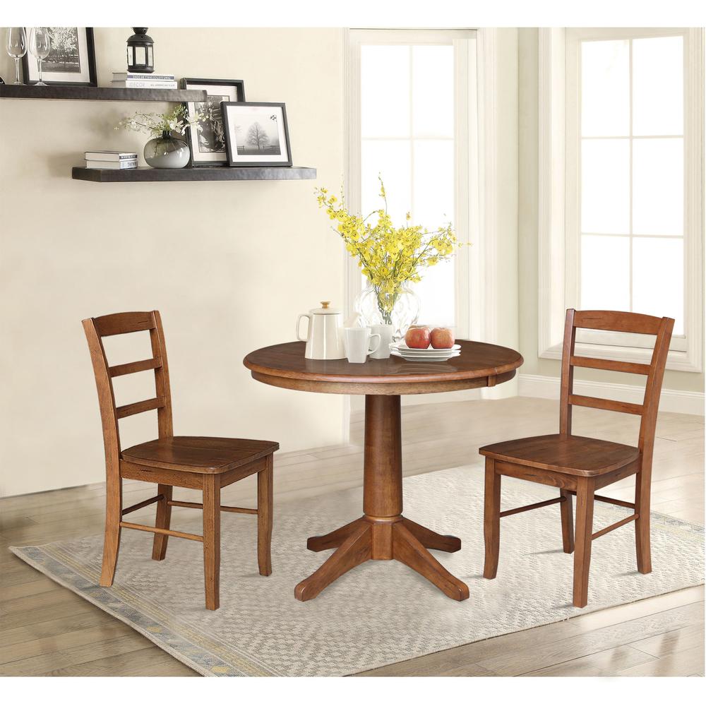 36" Round Extension Dining Table with Leaf and 2 Madrid Ladderback Chairs - 3 Piece Dining Set, Distressed Oak. Picture 1