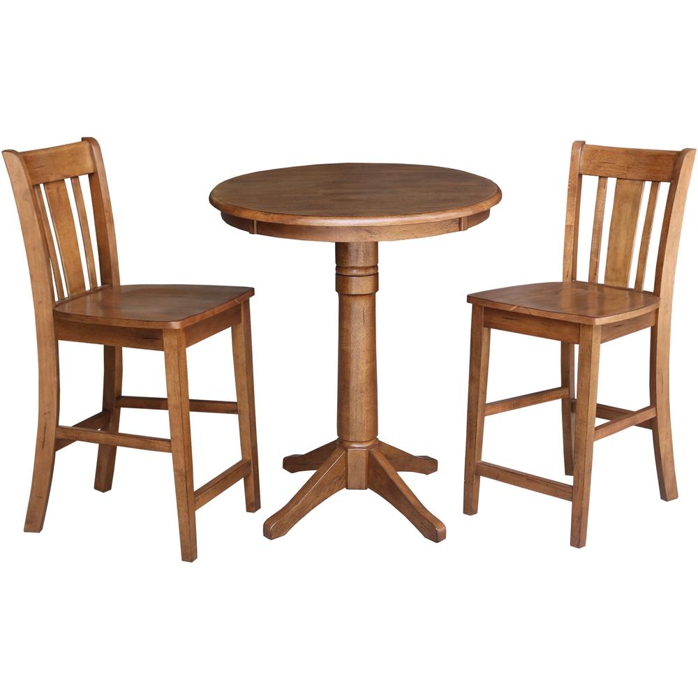 30" Round Pedestal Gathering Height Table with 2 San Remo Counter Height Stools. Picture 2