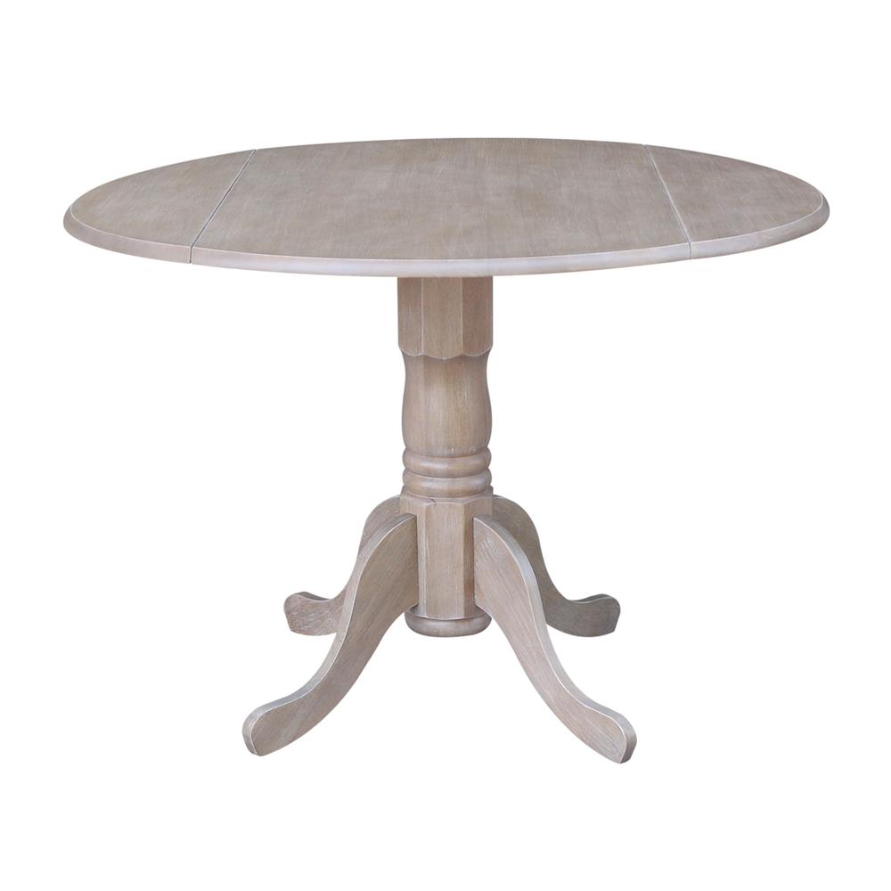 42" Round Dual Drop Leaf Pedestal Table, Washed Gray Taupe. Picture 9