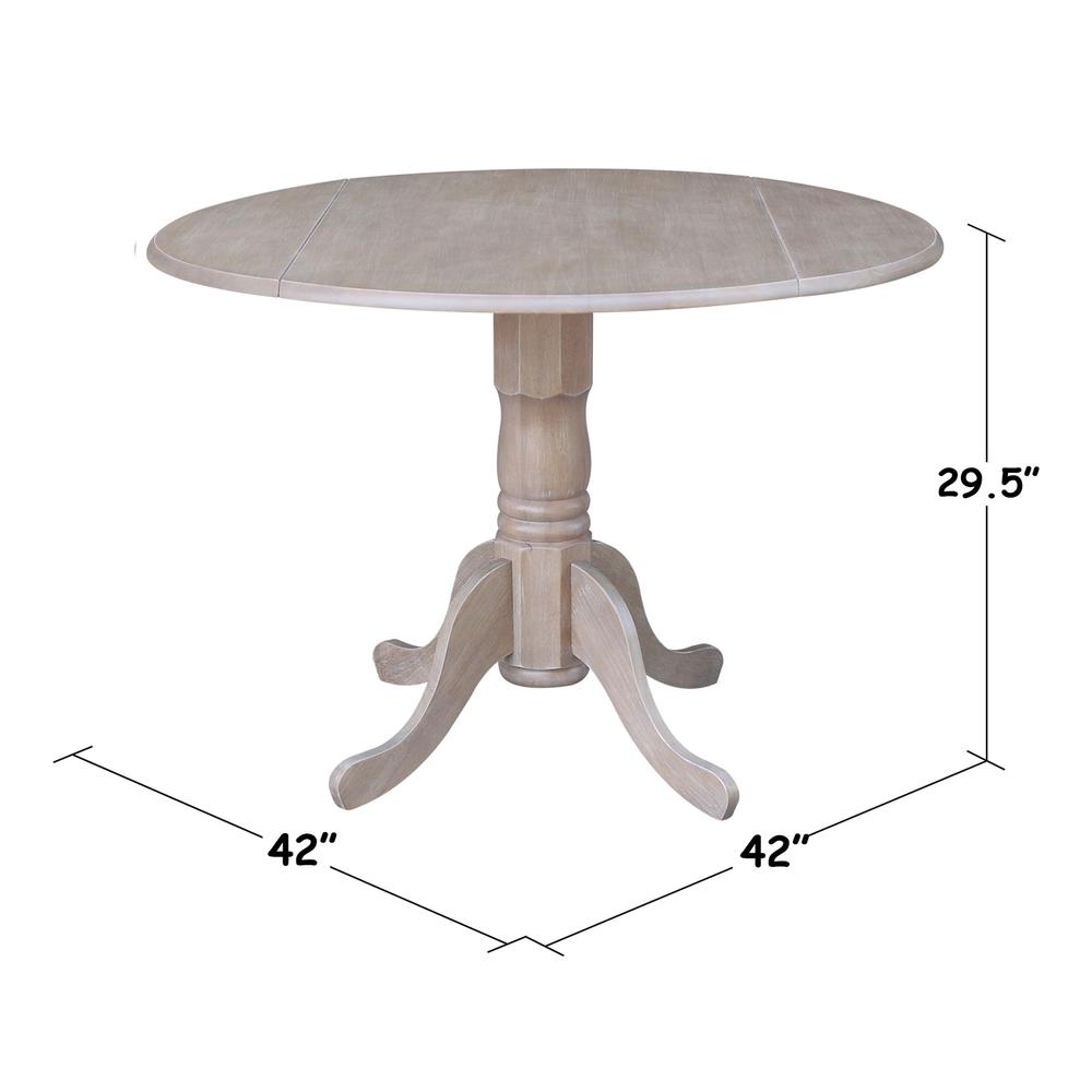 42" Round Dual Drop Leaf Pedestal Table, Washed Gray Taupe. Picture 1