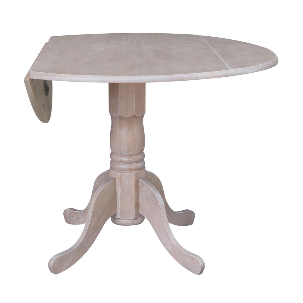 42" Round Dual Drop Leaf Pedestal Table, Washed Gray Taupe. Picture 2
