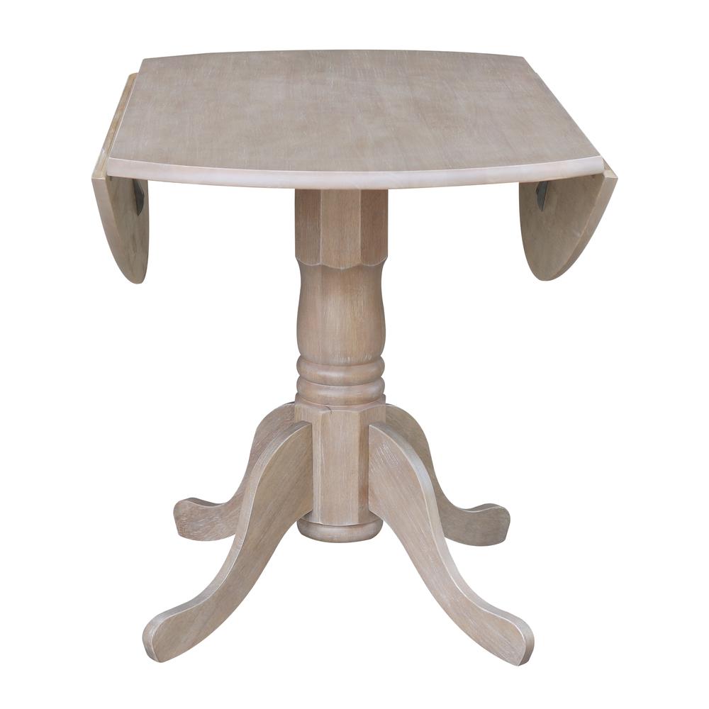42" Round Dual Drop Leaf Pedestal Table, Washed Gray Taupe. Picture 7