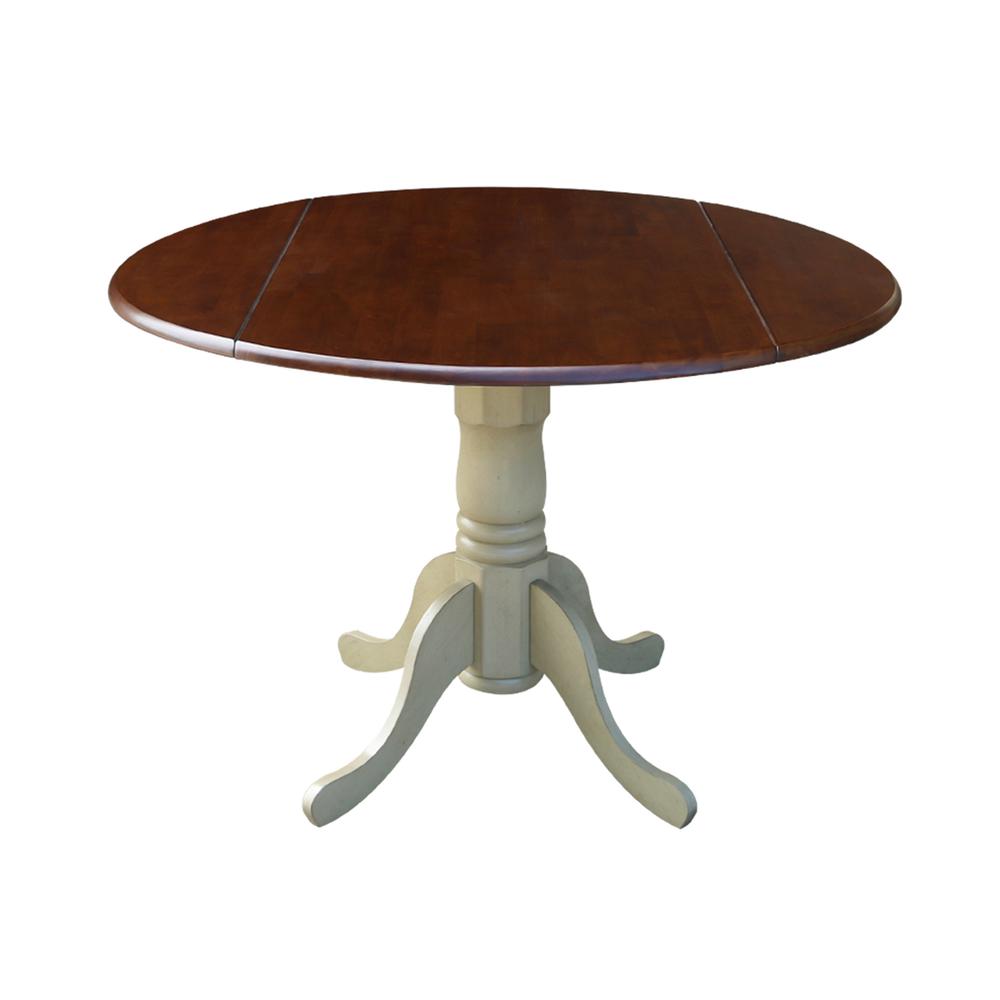 42" Round Dual Drop Leaf Pedestal Table, Antiqued Almond/Espresso. Picture 9