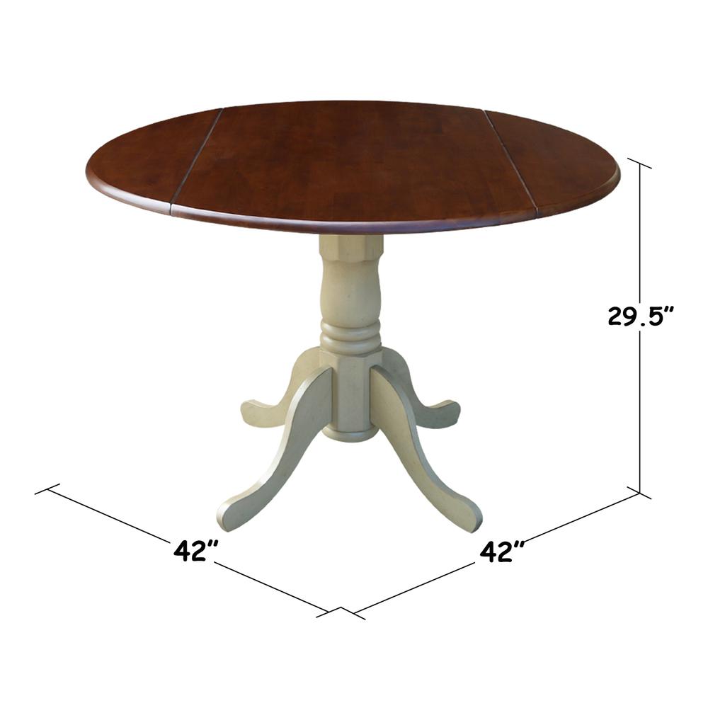 42" Round Dual Drop Leaf Pedestal Table, Antiqued Almond/Espresso. Picture 1