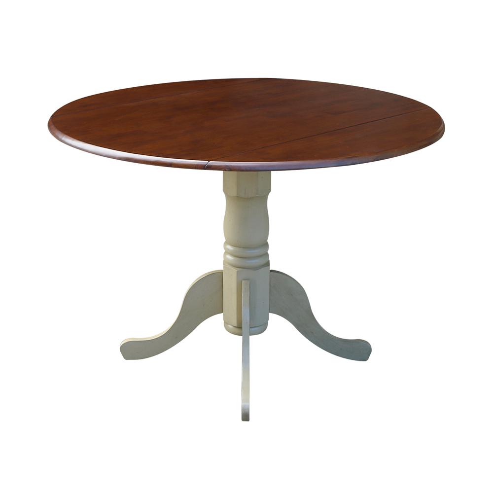 42" Round Dual Drop Leaf Pedestal Table, Antiqued Almond/Espresso. Picture 5