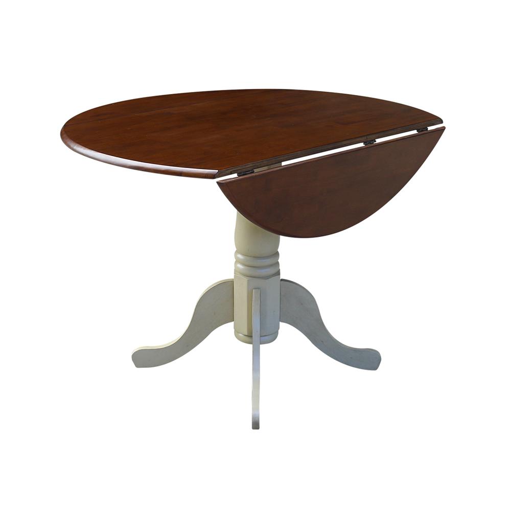 42" Round Dual Drop Leaf Pedestal Table, Antiqued Almond/Espresso. Picture 3