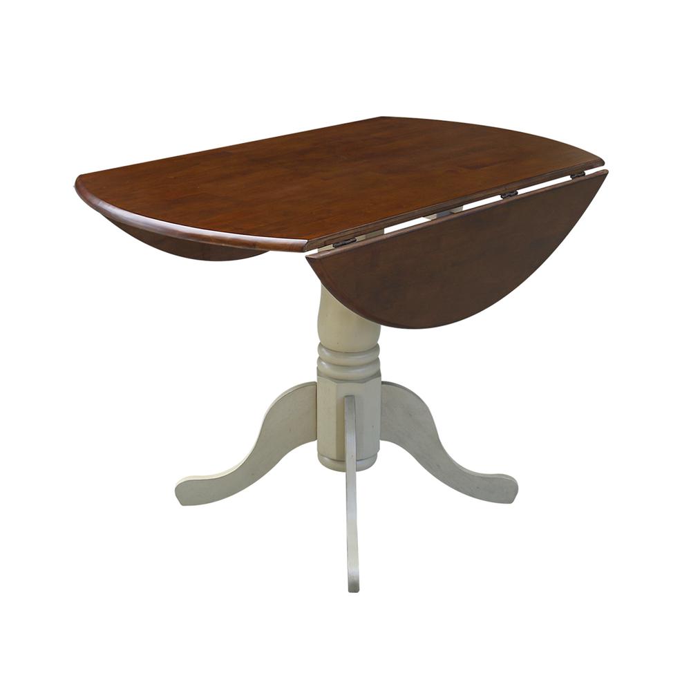 42" Round Dual Drop Leaf Pedestal Table, Antiqued Almond/Espresso. Picture 4