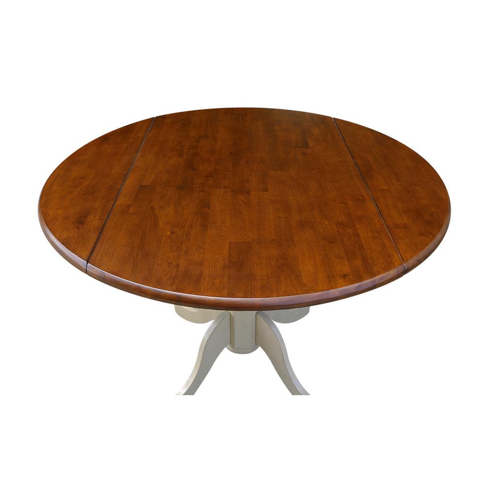 42" Round Dual Drop Leaf Pedestal Table, Antiqued Almond/Espresso. Picture 8