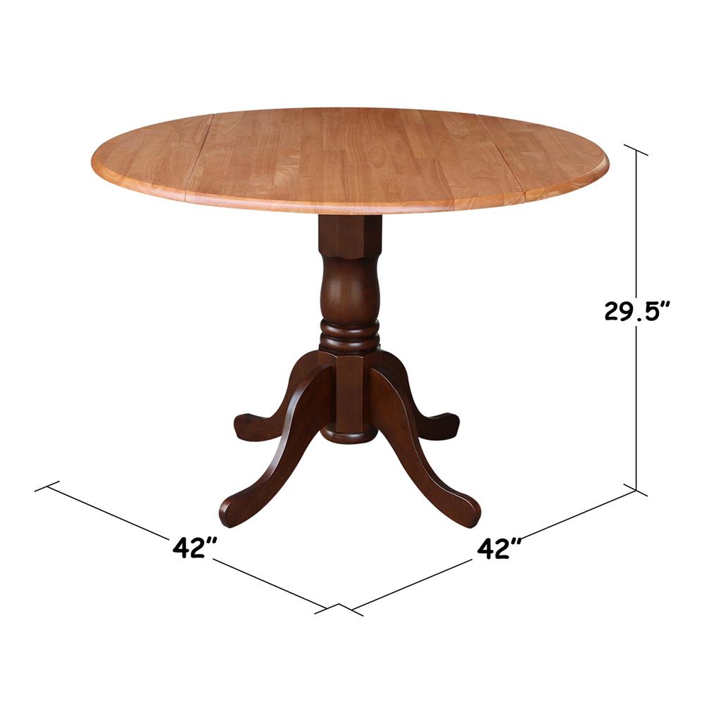 42" Round Dual Drop Leaf Pedestal Table, Cinnamon/Espresso. Picture 1