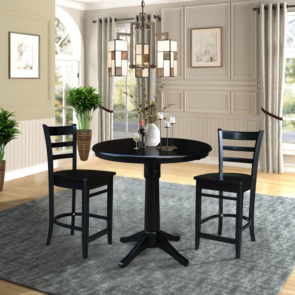 36" Round Counter Height Extension Dining Table with 12" Leaf and 2 Emily Counter Height Stools - 3 Piece Set, Black. Picture 1