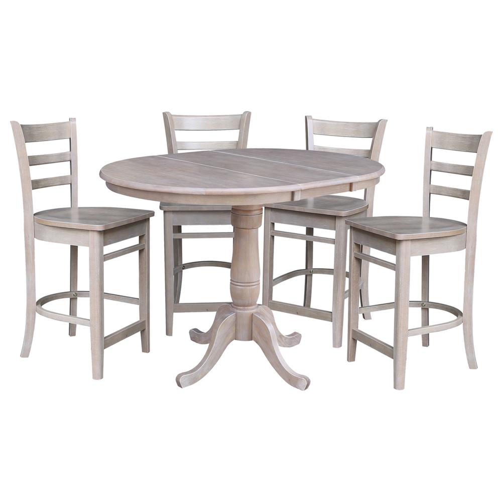 36" Round Extension Dining Table with 4 Madrid Counter Height Stools - 5 Piece Set, Washed Gray Taupe. Picture 2