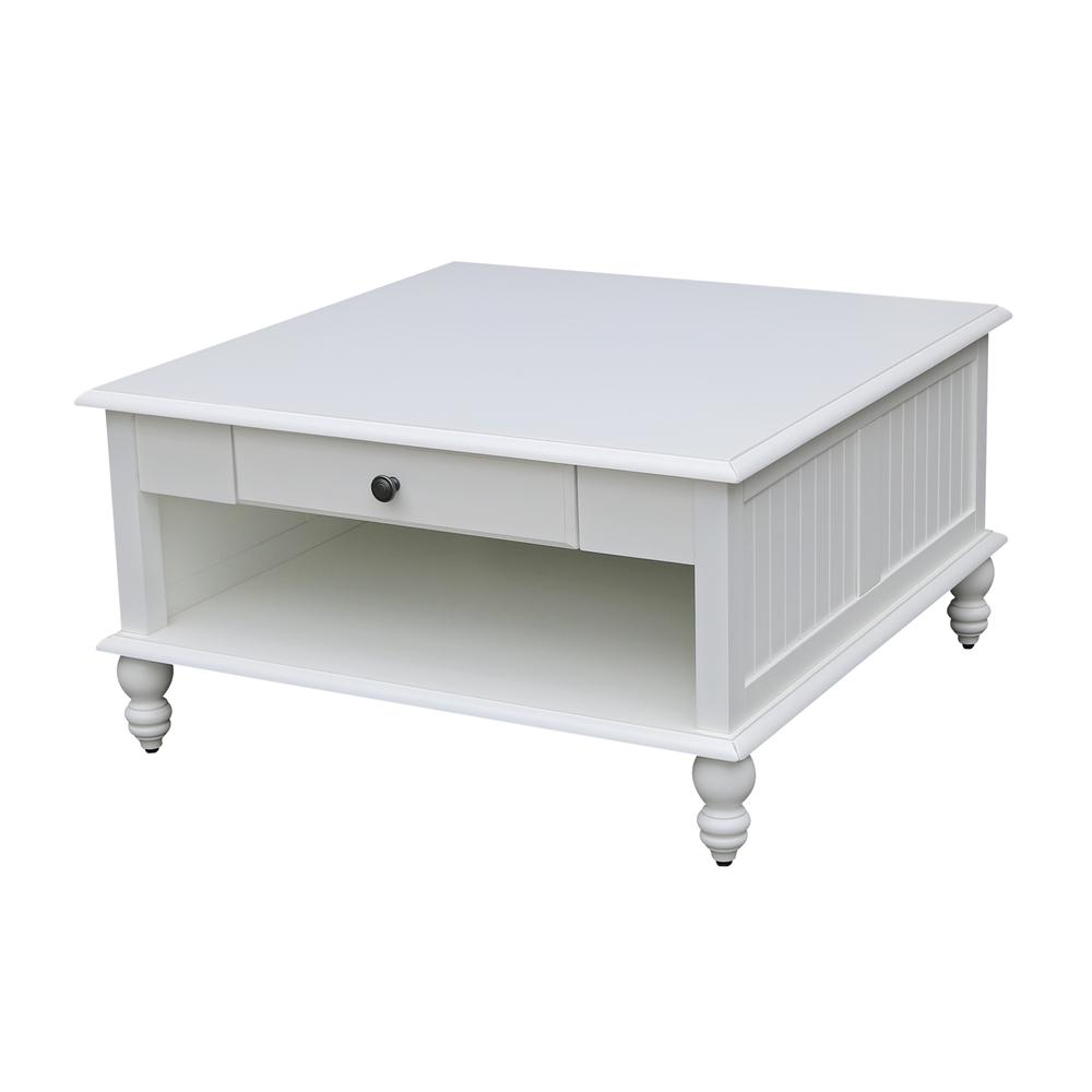 Cottage Collection Square Coffee Table with Drawer in White, Beach white - hand rubbed. Picture 1
