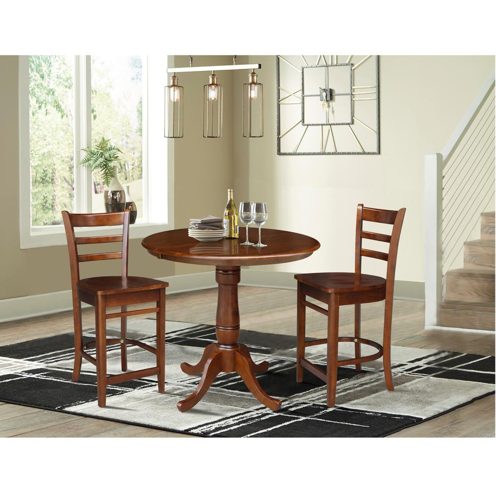 36" Round Extension Dining Table with 2 Emily Counter Height Stools-3 Piece Set, Espresso. Picture 1