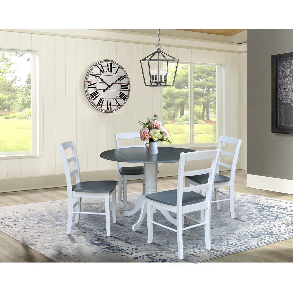 42" Dual Drop Leaf Dining Table with 4 Madrid Ladderback Chairs - 5 Piece Dining Set, White/Heather Gray. Picture 4