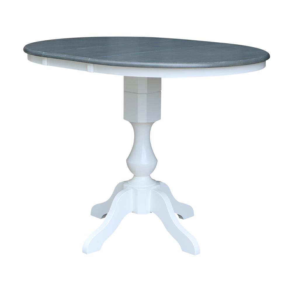 36" Round Top Pedestal Counter Height Dining Table with 12" Leaf, White/Heather Gray. Picture 2
