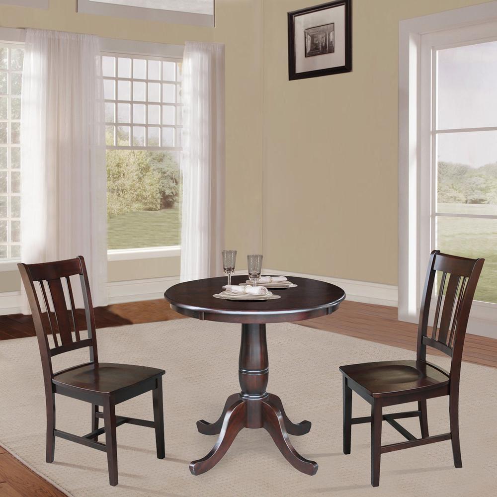 30" Round Top Pedestal Dining Table with 2 Remo Splatback Chairs. Picture 1