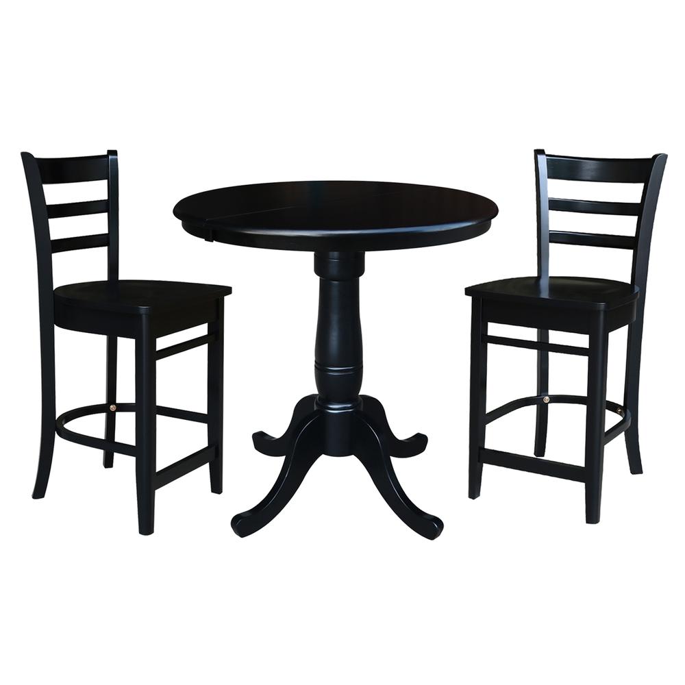 36", Round Counter Height Extension Dining Table with 12" Leaf and 2 Emily Counter Height Stools - 3 Piece Set, Black. Picture 2