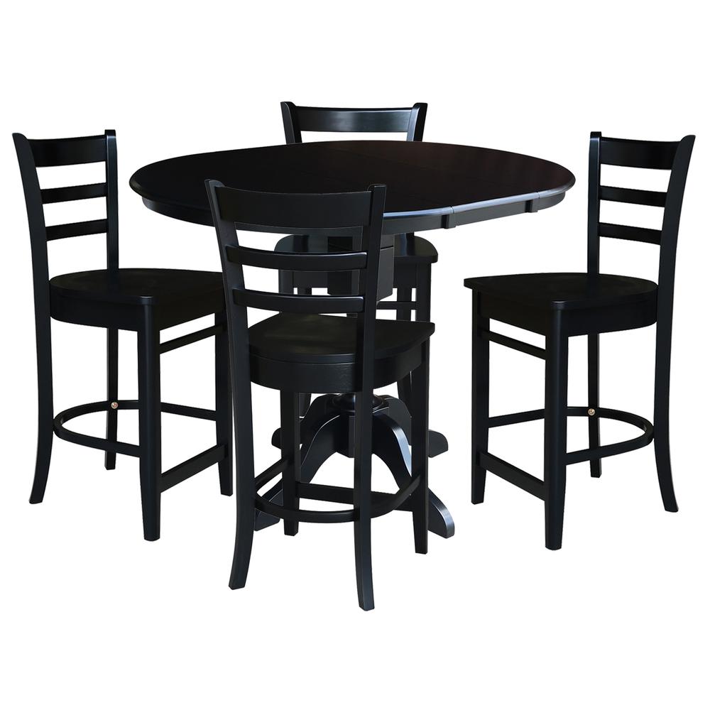 36" Round Counter Height Extension Dining Table with 12" Leaf and 4 Emily Counter Height Stools - Five Piece Set, Black. Picture 2