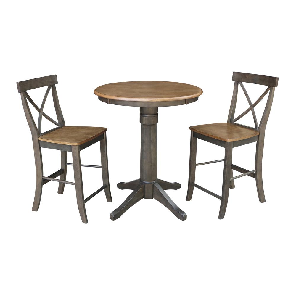 30" Round Pedestal Gathering Height Table With 2 X-Back Counter Height Stools. Picture 1