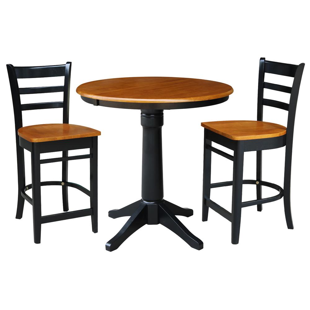 36" Round Counter Height Extension Dining Table with 12" Leaf and 2 Emily Counter Height Stools - 3 Piece Set, Black / Cherry. Picture 2