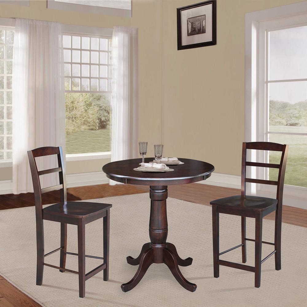 30" Round Top Pedestal Dining Table with 2 Madrid Counter Height Stools. Picture 1