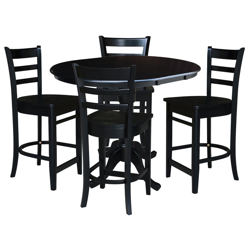 36", Round Counter Height Extension Dining Table with 12" Leaf and 4 Emily Counter Height Stools - 5 Piece Set, Black. Picture 2