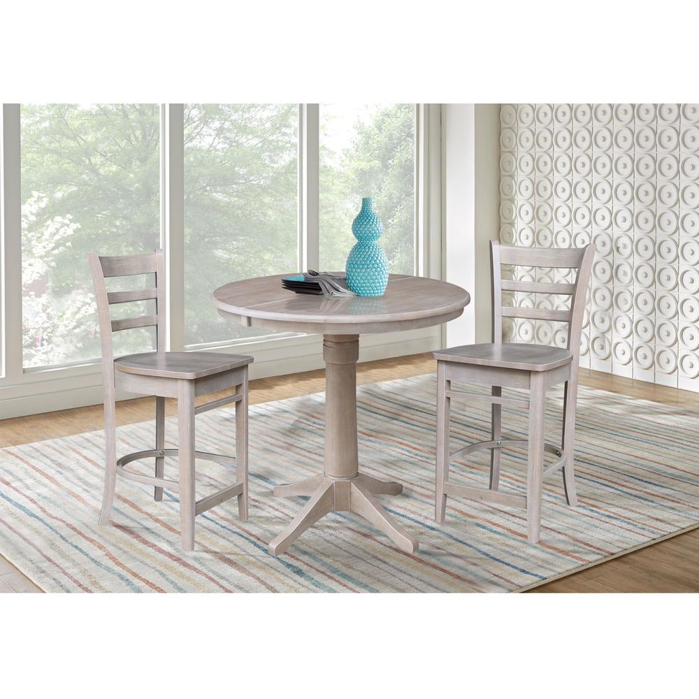 36" Round Extension Dining Table with 2 Emily Counter Height Stools - 3 Piece Set, Washed Gray Taupe. Picture 1