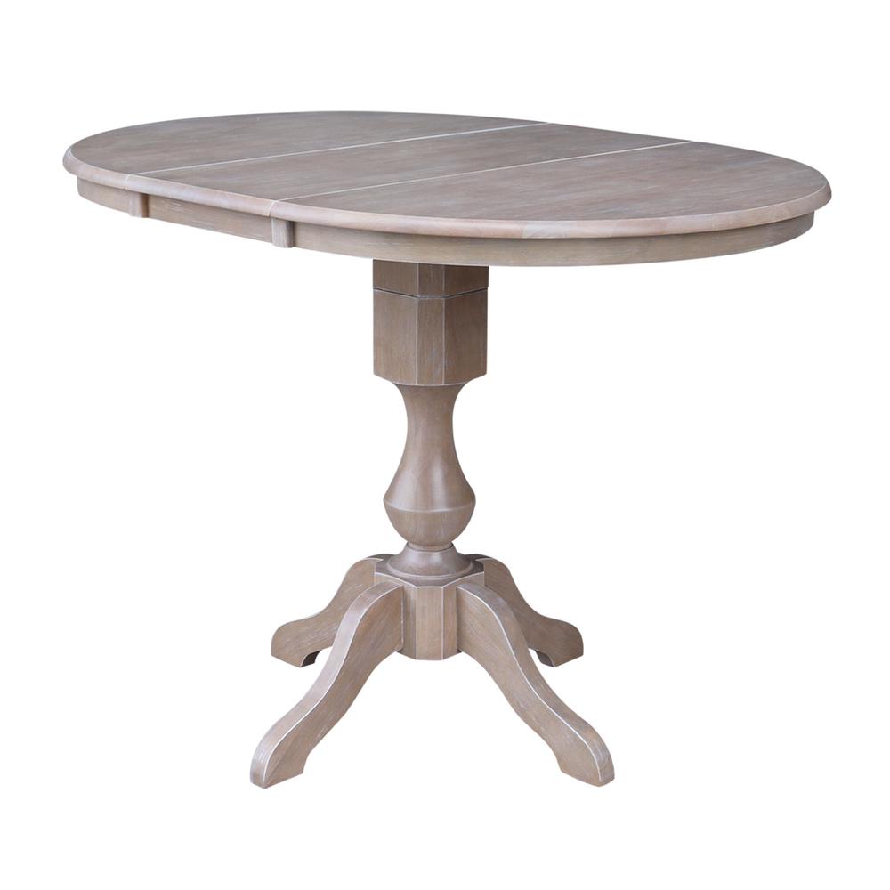 36" Round Extension Dining Table with 4 Emily Counter Height Stools - Five Piece Set, Washed Gray Taupe. Picture 3