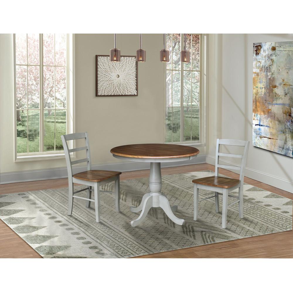 36" Round Extension Dining Table with 2 Madrid Ladderback Chairs - 3 Piece Dining Set, Distressed Hickory/Stone. Picture 1