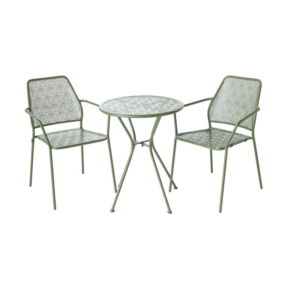 Martini 3 Piece Bistro Set in Moss Finish with 23.75" Round Bistro Table and 2 Stackable Bistro Chairs. Picture 1