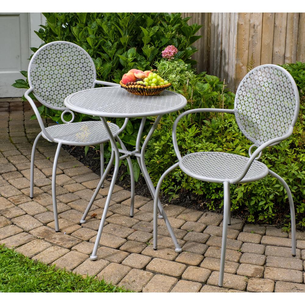 Martini 3 Piece Bistro Set in Greyhound Finish with 23.75" Round Bistro Table and 2 Stackable Bistro Chairs. Picture 2