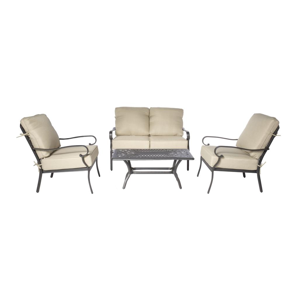 Newbury Cast Aluminum Deep Seating Set with Coffee Table, Loveseat with Cushions, and 2 Lounge Chairs with Cushions. Picture 4