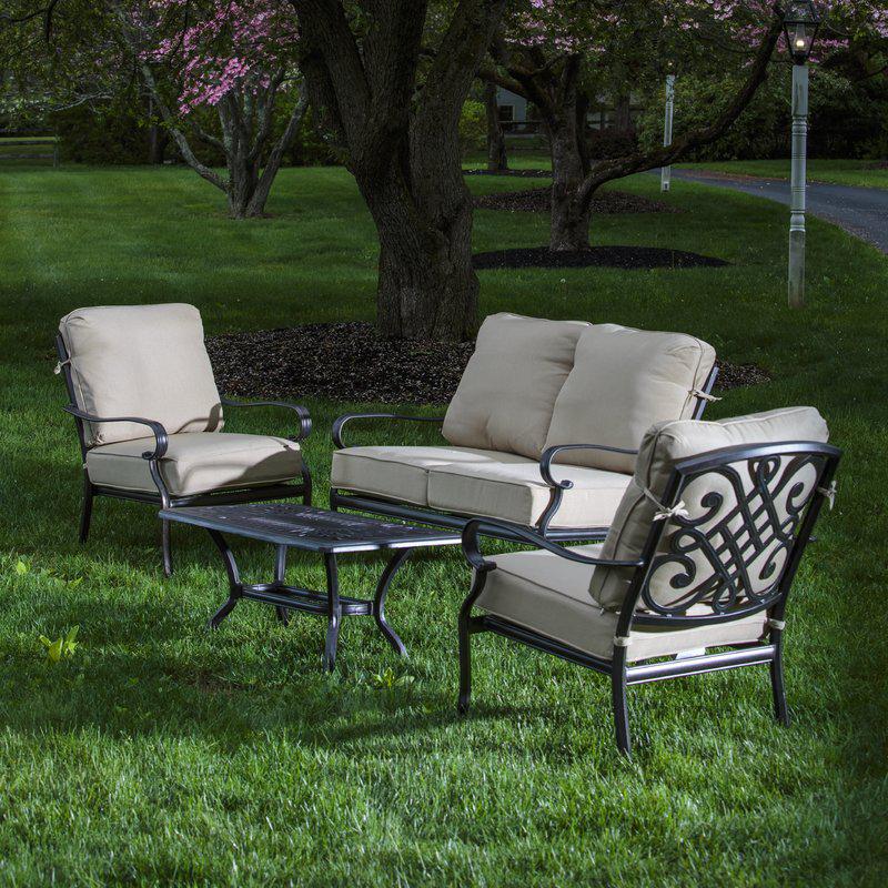 Newbury Cast Aluminum Deep Seating Set with Coffee Table, Loveseat with Cushions, and 2 Lounge Chairs with Cushions. Picture 13