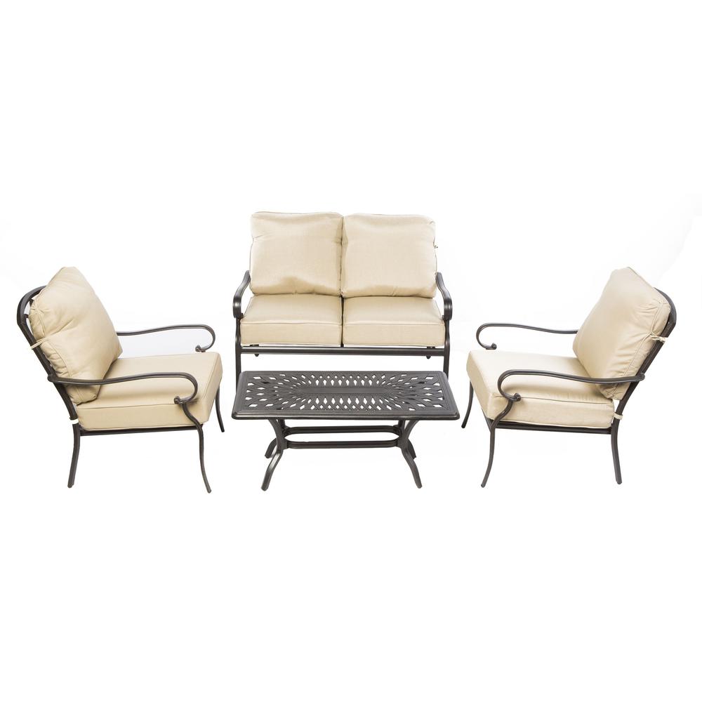 Newbury Cast Aluminum Deep Seating Set with Coffee Table, Loveseat with Cushions, and 2 Lounge Chairs with Cushions. Picture 14