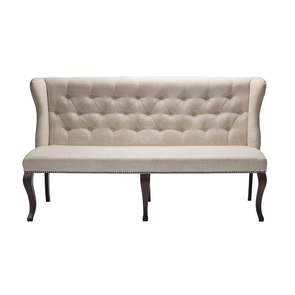 Classic Upholstered Bench in Linen Fabric w/Tufted Style Back & Nailhead Trim, Beige. Picture 2