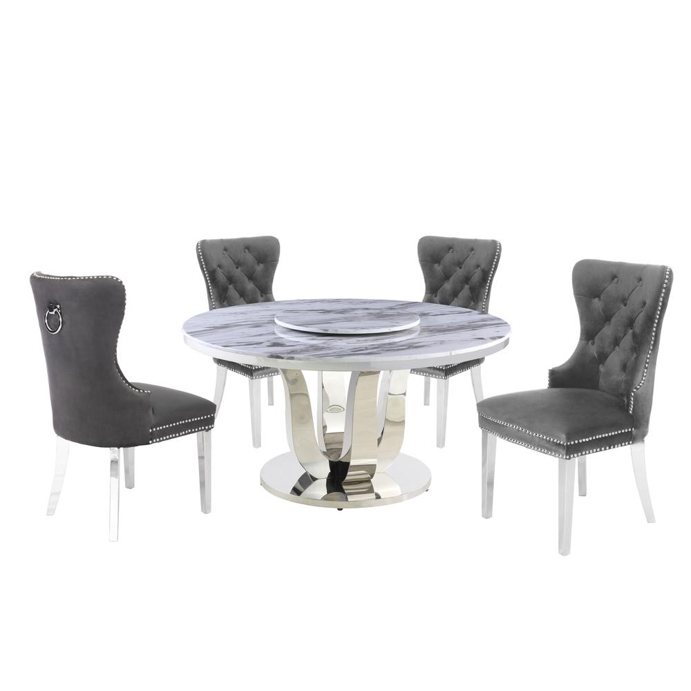 White Marble Round 5 piece Dining Set Ring Chairs in Dark Gray Velvet - Lazy Susan. The main picture.
