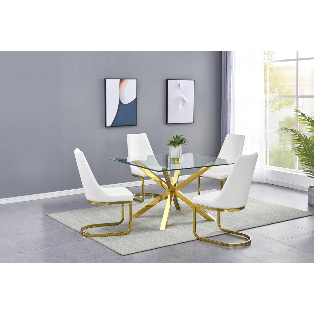 Square Tempered Glass 5pc Gold Set Chrome Chairs in White Faux Leather. Picture 1