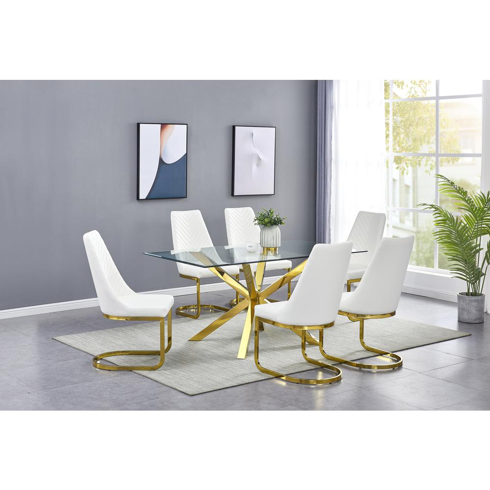 Rectangular Tempered Glass 7pc Gold Set Chrome Chairs in White Faux Leather. Picture 1