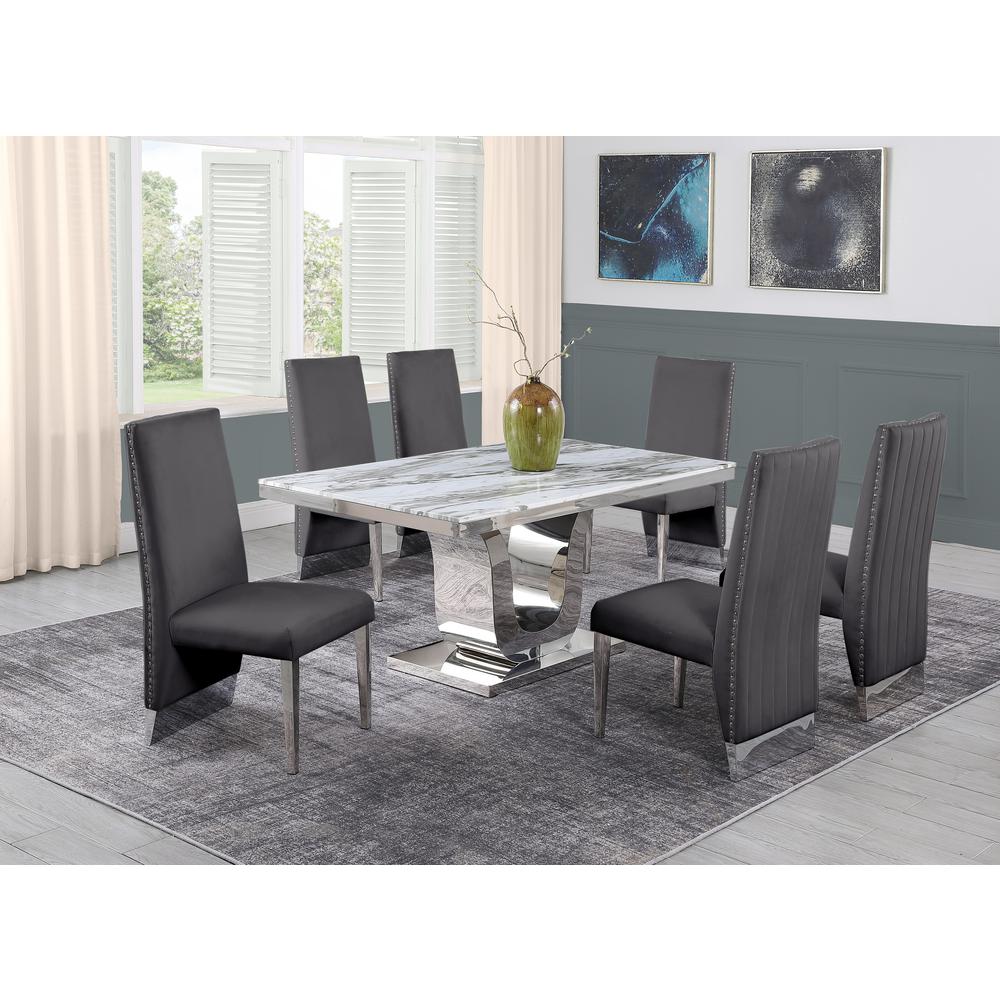 White Marble 7pc Set Pleated Chairs in Dark Grey Velvet. Picture 1