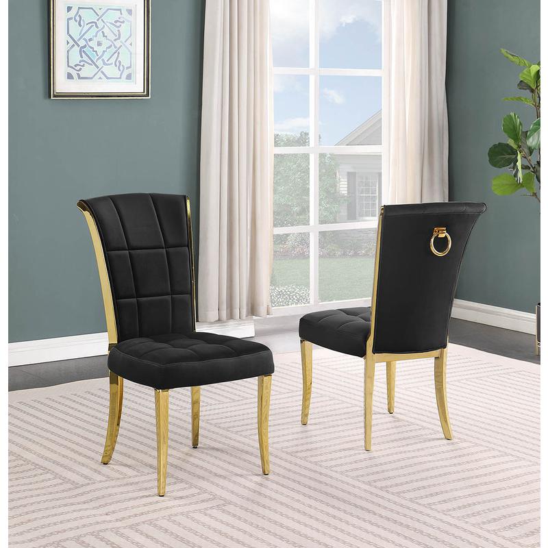 7pc Small(68") marble top dining set with gold base and 6 Black side chairs. Picture 4