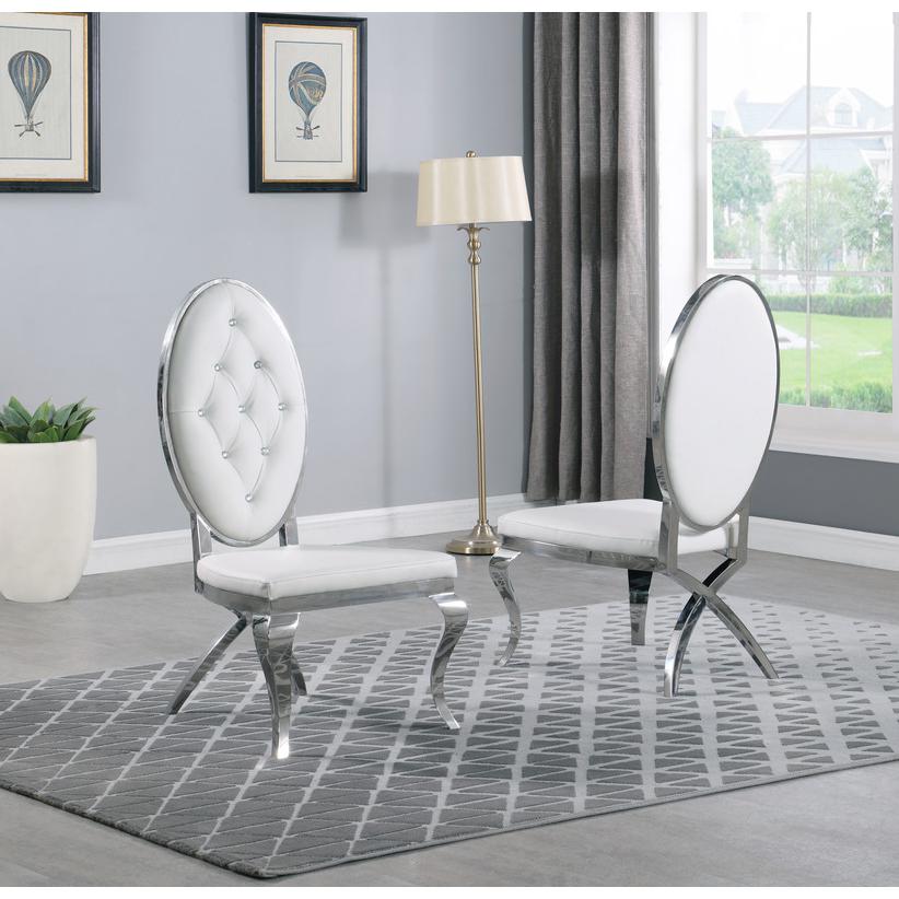 Classic 9pc Dining Set w/Faux Leather Tufted Side Chair, Glass Table w/ Silver Spiral Base, White. Picture 3