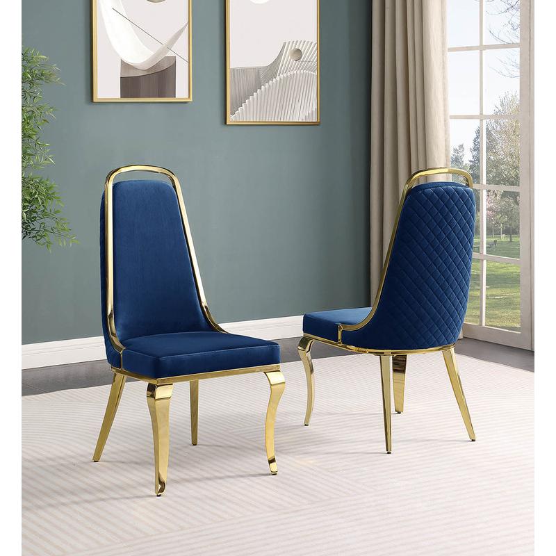 9pc Large(87") marble top dining set with gold base and 8 Navy blue side chairs. Picture 4