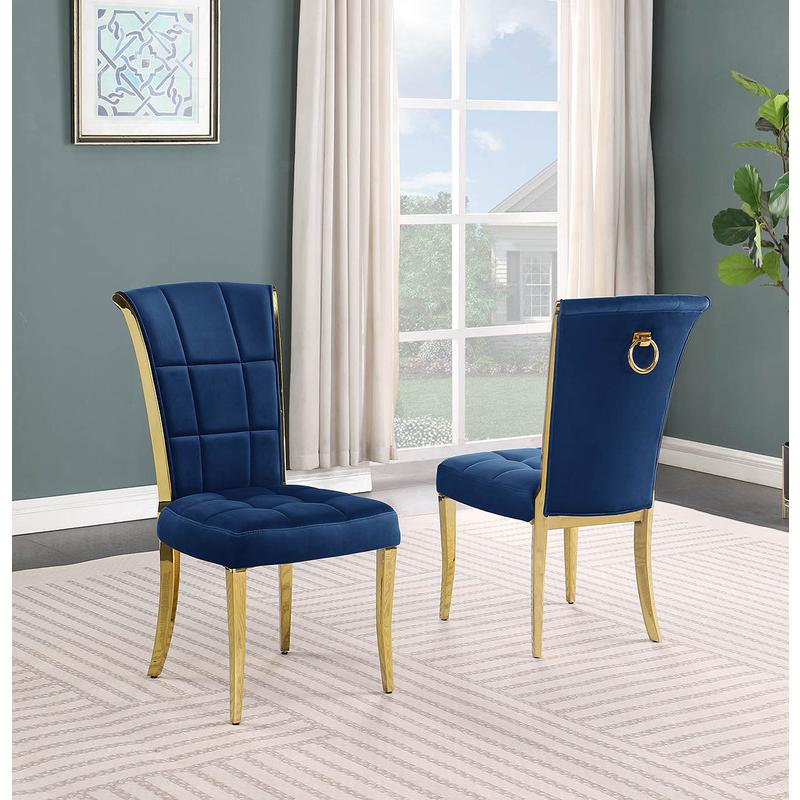 7pc Large(87") marble top dining set with gold base and 6 Navy blue side chairs. Picture 4