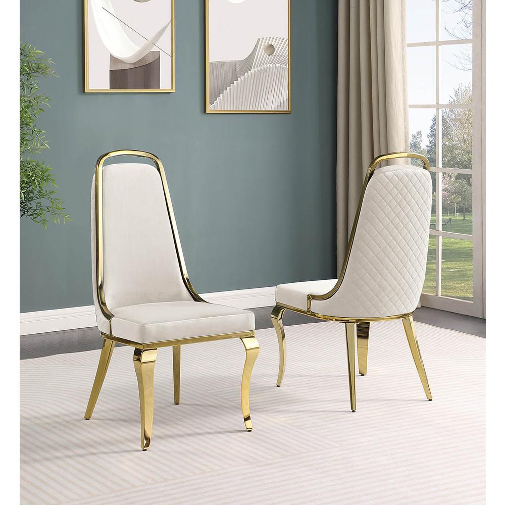 5pc Small(78") white wood top dining set with gold base and 4 Cream side chairs. Picture 3